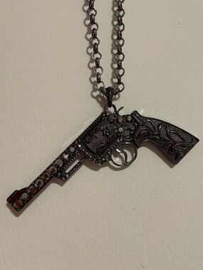 Revolver Pendant Necklace in Gunmetal with Rhinestones